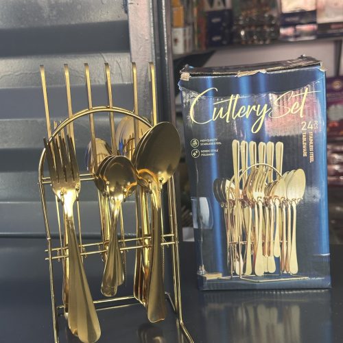 24 Pcs Gold Plated Cutlery Set With Rack- Golden Cutlery/spoon Set- Gift Set