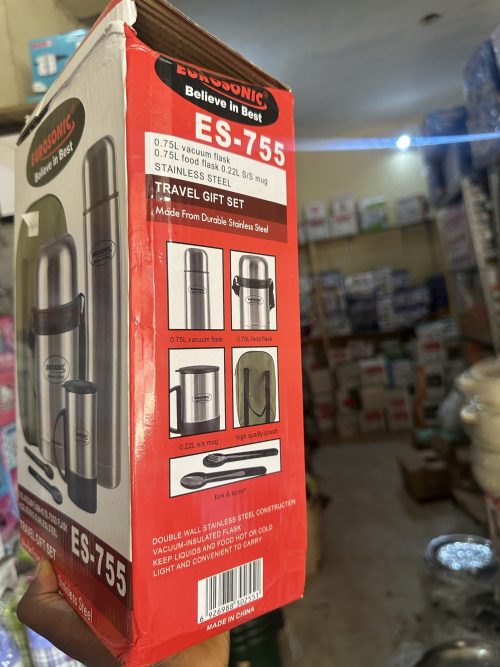 Eurosonic Food Flask Lunch Box Travel Gift Set 5 in 1 - ES-755 (0.75litre (750ml) food & water flask with 0.22litre (220ml) stainless steel cup)