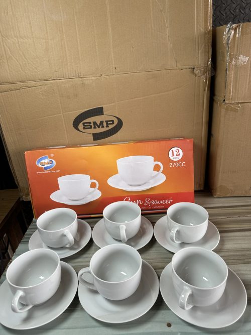 SMP White Mug Tea Cup and Saucer – 12 pieces