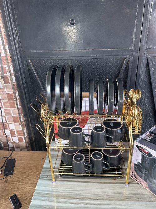 3 Layer Golden Dish Drainer, 16 pcs Dinner Set, 3pcs Golden spoon and 3 pcs Golden Fork