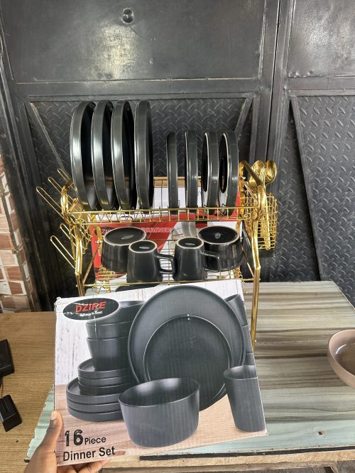 3 Layer Golden Dish Drainer, 16 pcs Dinner Set, 3pcs Golden spoon and 3 pcs Golden Fork
