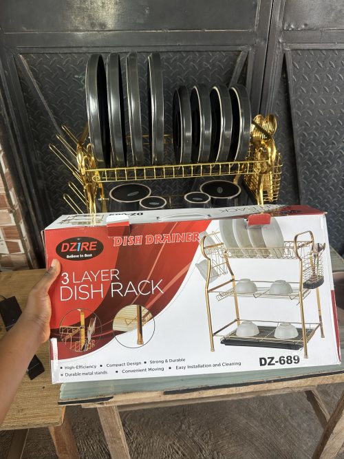 3 Layer Golden Dish Drainer, 16 pcs Dinner Set, 3pcs Golden spoon and 3 pcs Golden Fork