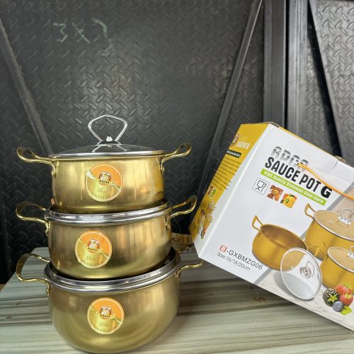 Golden Stainless Dish With Glass Cover – 3 Set Sauce Pot G